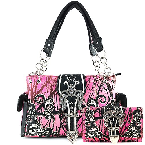 Justin West Camouflage Tree Branches Bling Rhinestone Cross Wings Buckle Crossbody Chain Messenger and Purse (Buckle Pink Handbag Wallet Set)