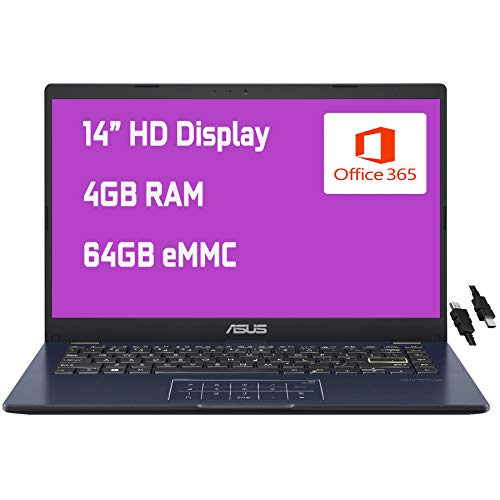 Asus Vivobook E410MA Thin and Light Business Laptop 14” HD Display Intel Celeron N4020 4GB RAM 64GB eMMC Intel HD Graphics 600 USB-C HDMI Office 365 Win10 (Star Balck)+ HDMI Cable