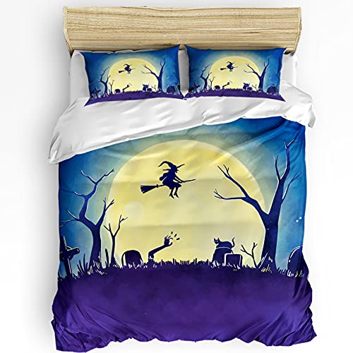 Zadaling 3 Pieces Duvet Cover Set Halloween Night Witch Broom Soft Washed Lightweight Breathable Hotel Quality Bedding Set with Zipper Closure with 1 Duvet Cover & 2 Pillowcase for Bedroom