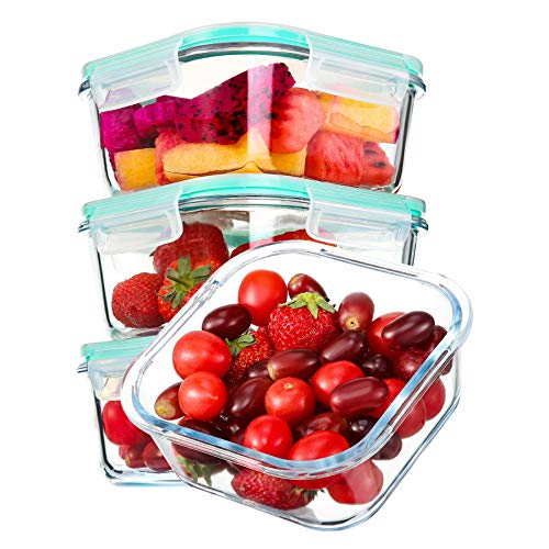 YEBODA Glass Food Storage Containers with Airtight Snap Locking Lids BPA Free Meal Prep Container Set For Home Kitchen Restaurant – Freezer, Microwave, Oven, Dishwasher Safe [28oz, 4 Pack]