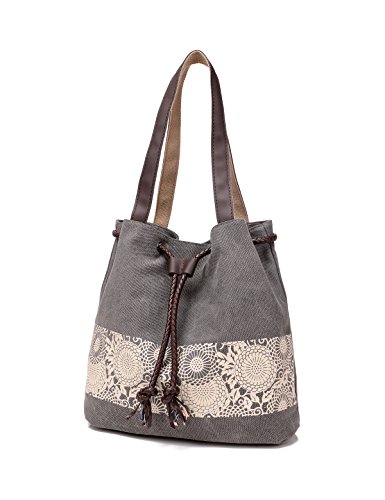 Women Printing Canvas Shoulder Bag Casual Hand Bags Purse Retro Tote Bags (Gray)