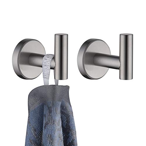 JQK Bathroom Towel Hook, Coat Robe Clothes Bath Wall Hooks for Kitchen Garage, 2 Pack Brushed Finish, TH100-BN-P2