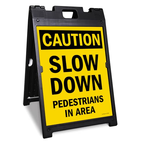 SmartSign 24 x 18 inch “Caution – Slow Down, Pedestrians In Area” Two-Sided BabyBoss A-Frame Sign Kit, Plastic, Black and Yellow (1 A-Frame + 2 Sign Panels)