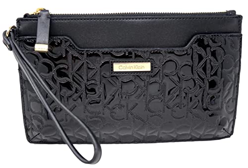 Calvin Klein Women’s Black Patent Leather Logo Debossed Large Wristlet Wallet Clutch Bag