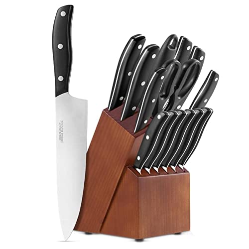 Kitchen Knife Set with Block & Sharpener 15PCS, Stainless Steel Forged Chef Knives Set, ABS Handle,Full Tang, 6PCS Steak Knives