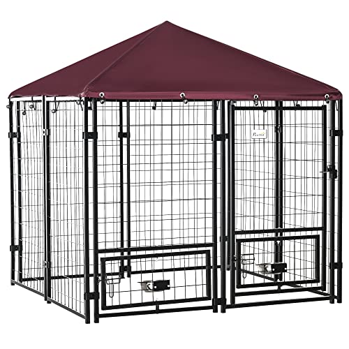 PawHut Indoor/Outdoor Metal Dog Kennel, Dog House with Lock, Weather Resistant Canopy and 2 Bowl Holders and Bowls, 4.6′ x 4.6′ x 5′, Black / Red
