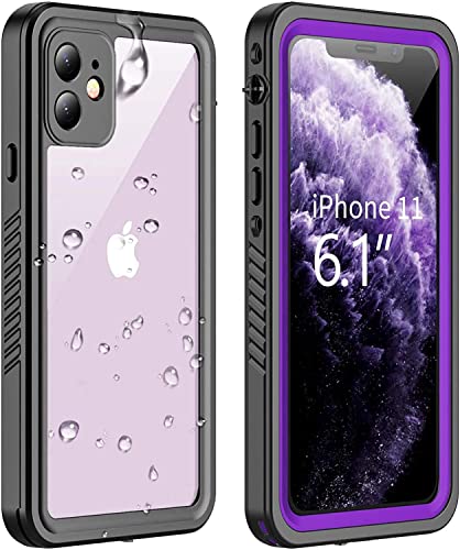 VAPESOON Compatible with iPhone 11 Waterproof Case, Built-in Screen Protector Full-Body Rugged Bumper Sealed Cover Shockproof Dustproof Waterproof Case for iPhone 11 6.1 inch (Purple/Clear)