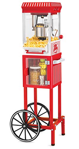 Nostalgia Popcorn Maker Cart, 2.5 Oz Kettle Makes 10 Cups, Vintage Movie Theater Popcorn Machine with Interior Light, Measuring Spoons and Scoop, Red