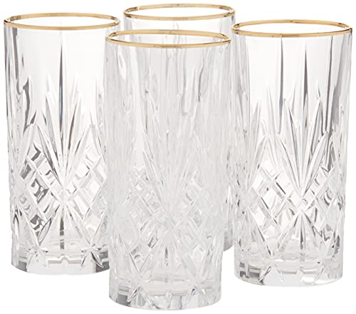 Lorren Home Trends Siena Collection Crystal Water Beverage or Ice Tea Glass with Gold Band Design, Set of 4