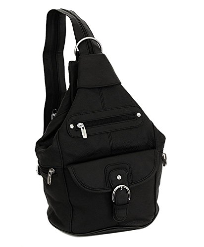 Womens Leather Convertible 7 Pocket Medium Size Tear Drop Sling Backpack Purse Shoulder Bag, Black