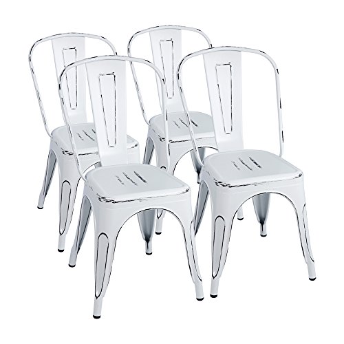 Furmax Metal Chairs Indoor/Outdoor Use Stackable Chic Dining Bistro Cafe Side Chairs Set of 4 (Distressed White)