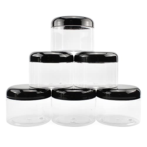 Cornucopia Brands 8oz Clear Plastic Jars with Black Plastic Lids (6 pack); BPA Free PET Stackable Straight Sided Containers for Bathroom & Kitchen Storage & Cosmetics