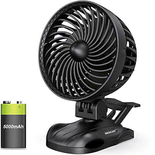BESKAR 6 inch Clip on Fan – 5000mAh Battery Rechargeable with CVT Speeds and Strong Airflow, Adjustable Tilt, Personal Quiet Fan for Office Stroller Outdoor – Portable Small Desk Fan