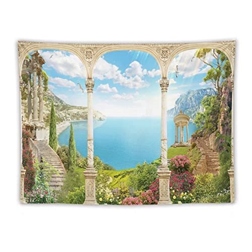 fucyBu Cool Castle Tapestry,Medieval European Luxury Castle Garden Sea View Tapestry Wall Hanging for Bedroom,Hippie Aesthetic Tapestry Beach Blanket College Dorm Home Decor 60″x80″ Inch