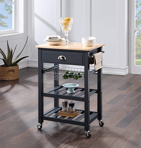 OS Home and Office Furniture Model HMPNW-70 Hampton Kitchen Cart in Blue with Solid Rubberwood Top