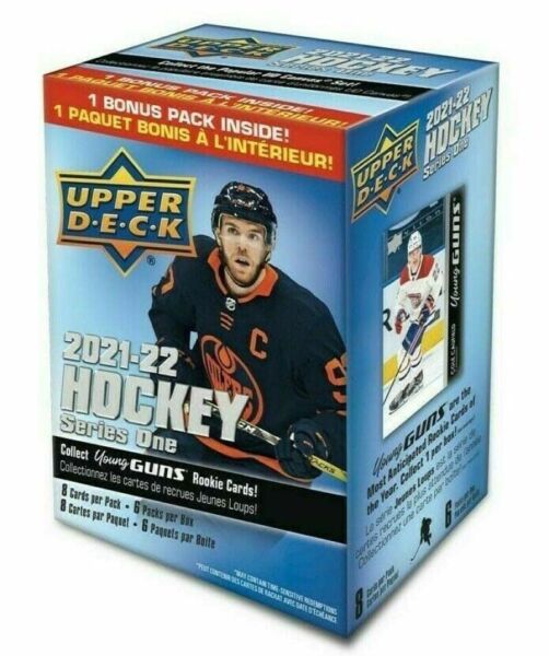 2021-22 NHL Upper Deck Series 1 Hockey Factory Sealed Blaster Box 48 Cards: 6 Packs of 8 Cards per Pack. Possible YOUNG GUNS Rookie cards include Jeremy Swayman, Trevor Zegras, Tanner Jeannot, Jamie Drysdale, Cole Caufield, Spencer Knight and many others