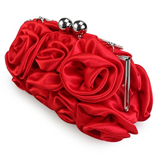 Missy K 7 Roses Clutch Purse, Satin, with Clasp Closure – Red, with kilofly Money Clip