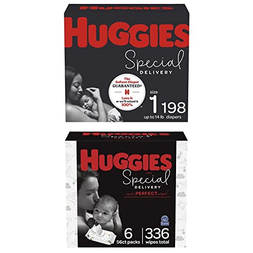 Baby Diapers and Wipes Bundle: Huggies Special Delivery Diapers Size 1, (198ct) & Special Delivery Baby Diaper Wipes, Unscented, 6 Push Button Packs (336 Wipes Total)