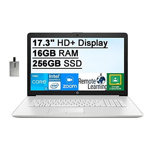 2021 HP 17.3″ HD+ BrightView Laptop Computer, Intel Core i3-1115G4 Processor (Beats i5-1035g1), 16GB RAM, 256GB PCIe SSD, Intel UHD Graphics, HD Webcam, HD Audio, Windows 11 S, Silver, 32GB USB Card