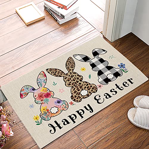 Easter Bunny Doormat – Happy Easter Rabbit Farmhouse Indoor Doormat Seasonal Spring Easter Holiday Floor Mat Low-Profile Rug for Home Office 20″ x 31.5″
