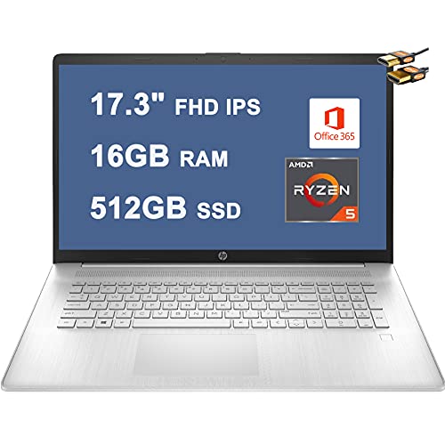 HP 17 Business Laptop Computer 17.3″ FHD IPS Display AMD Hexa-Core Ryzen 5 5500U (Beats i7-1160G7) 16GB RAM 512GB SSD Fingerprint Reader USB-C Office365 Win10 Silver + HDMI Cable