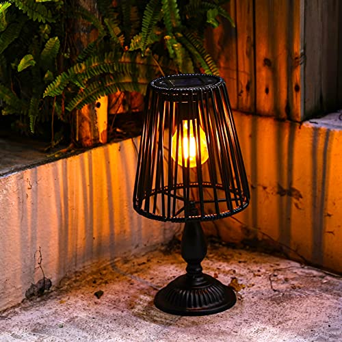 Histoacryl Solar Table Lamp Outdoor, Cordless Rattan Lantern with Warm Edison Bulb Waterproof Solar Desk Lamp Decorative for Patio, Deck, Patio, Balcony, Garden, Tabletop