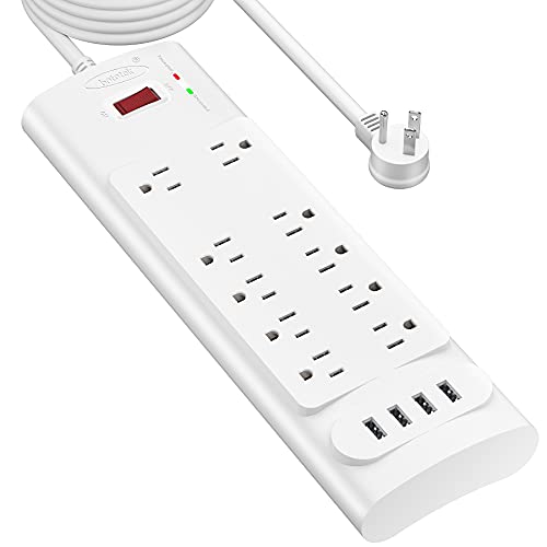 Power Strip, Bototek Surge Protector with 10 AC Outlets and 4 USB Ports,1875W/15A, 2100 Joules, 10 Feet Long Extension Cord for Home, Office, Dorm Essentials, 2100 Joules, ETL Listed- White