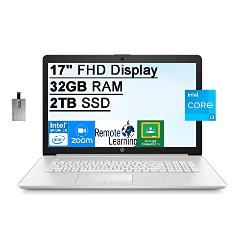 2022 HP 17″ FHD Laptop Computer, 11th Gen Intel Core i3-1115G4 Processor, 32GB DDR4 RAM, 2TB PCIe SSD, Intel UHD Graphics, Full-Size Keyboard, HD Webcam, Windows 10, Silver, 32GB SnowBell USB Card