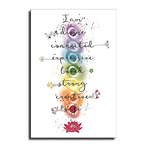 HHGaoArt Chakra Chart Poster 7 Chakra Reiki Infographic Yoga Spiritual Crystals Knowledge Artwork Meditation Zen Painting Canvas Prints Picture for Yoga Studio Room Unframe (16x24inch,7 Chakra Quotes Sign)
