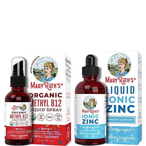 Vitamin B 12 Spray & Ionic Liquid Zinc Drops Bundle by MaryRuth’s | Energy Support | Neurofunctions Support | Immune Support | Skin Health Supplement for Men and Women.