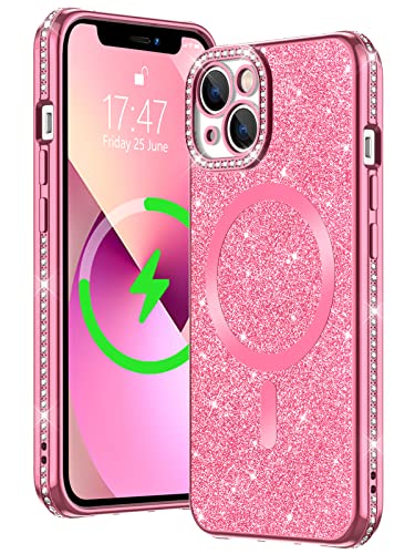 OLEEVEE Glitter Magnetic Case for iPhone 13 Case, Compatible with MagSafe, with Wrist Strap, Diamond Camera Cover, Sparkle Shockproof Protective iPhone 13 Case 6.1 inch for Women Girls, Pink