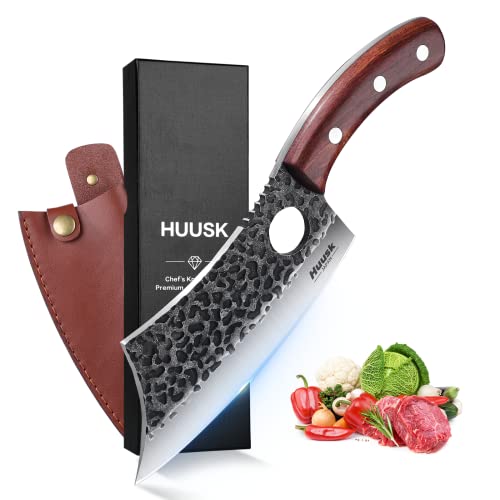 Huusk Japan Knives, Viking Knife with Sheath Meat Cleaver Knife for Meat Cutting Hand Forged Chef Butcher Knives Full Tang Boning Knife Outdoor Cooking Knife for Kitchen Deboning or Camping BBQ