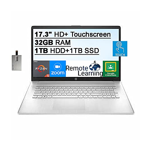 2021 HP 17.3″ HD+ Touchscreen Laptop Computer, AMD Ryzen 5-5500U(6-core) Processor, 32GB RAM, 1TB HDD+1TB SSD, AMD Radeon Graphics, HD Audio, Webcam, Numeric Keypad, Win 10, Silver, 32GB USB Card