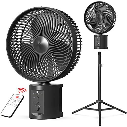 20000mAh Oscillating Battery Operated Fan w/Remote, 10 Inch Cordless Rechargeable Fan for Camping Hurricane, Portable Outside Pedestal Fan, Super Strong, Timer, 7 Speeds, Lasts 50 Hrs
