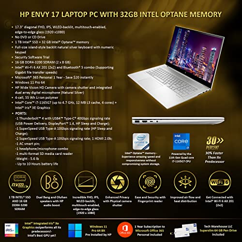 HP Envy 17T 2021 i7-1165G7 11th Gen, Win 11 Pro, 16GB RAM, 1TB Intel SSD+32GB Optane Memory, 17.3″ FHD Touch, 1Yr MS Office365, WiFi 6, B&O Speakers, 4 Cell Battery, Intel XE, 64GB TW Pen Drive | The Storepaperoomates Retail Market - Fast Affordable Shopping