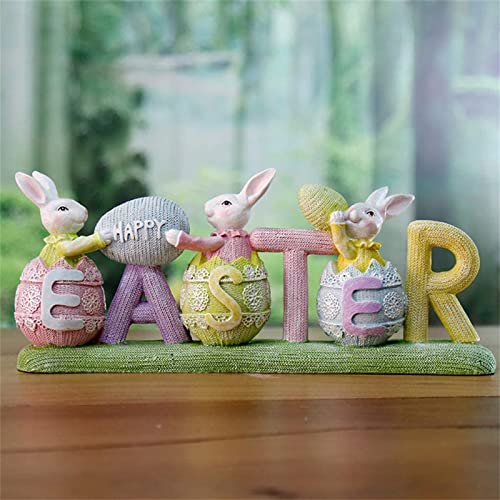 Happy Easter Bunny Tabletop Decorations Resin Hand Painted Easter Eggs Bunny Figurines Ornament Garden Farmhouse Home Decor (13.4* 2.4* 5.5 inch, Style-B)