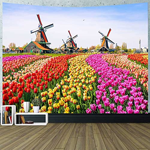DBLLF Spring Floral Tapestry Tulips Flowers Windmill Romantic Garden Tapestries Rustic Barn Spring Scene Wall Tapestry Nature Plants Landscape Backdrop, 80 x 60 Large Flannel Art Tapestry GTYYDB2957