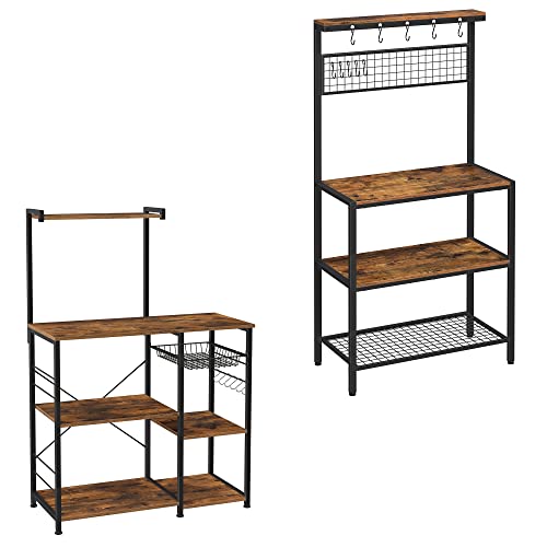 VASAGLE Coffee Bar and Baker’s Rack Bundle, Kitchen Storage Racks with Shelves, Hooks, for Microwave, Rustic Brown and Black UKKS17BX and UKKS35X