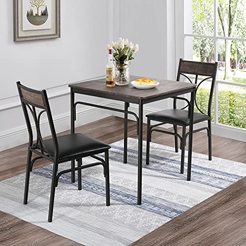 VECELO 3-Piece Kitchen Dining Room Table and Chairs Set for Home, Dinette, Breakfast Nook, Farmhouse, Small Space, 2, Dark Brown