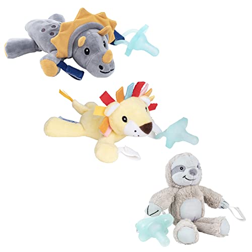 Dr. Brown’s Lovey Pacifier and Teether Holder with HappyPaci Silicone Pacifier, Sloth, Lion, Triceratops Variety Pack 0-6m