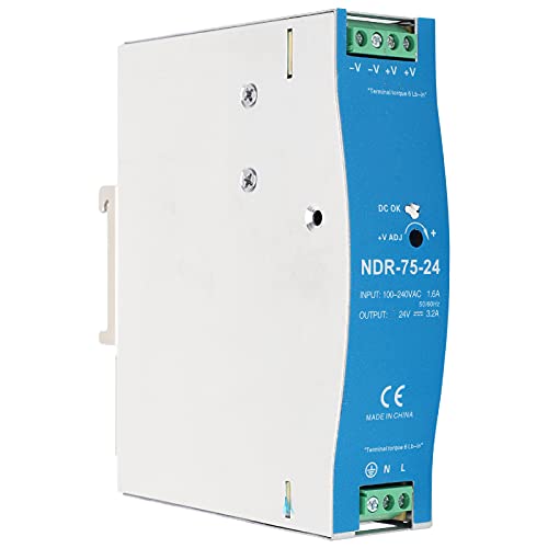 NDR-75-24 Single Output DIN Rail Power Supply 100-240VAC to 24V, 0-3.2Amp 75W Aluminum Alloy Switching Power Supply for Industrial Automation and Electronic Instruments