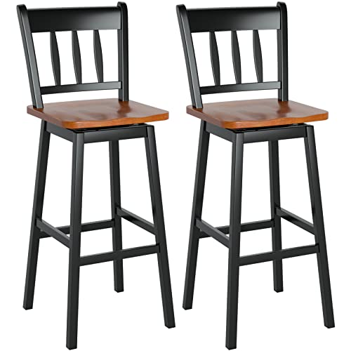 COSTWAY Bar Stools Set of 2, 30.5 Inch Solid Rubber Wood Bar Chairs with 360 °Swiveling, Footrest, Swivel Pub Height Barstools with Back Ideal for Kitchen Island, Counter, Pub(Set of 2, Black)