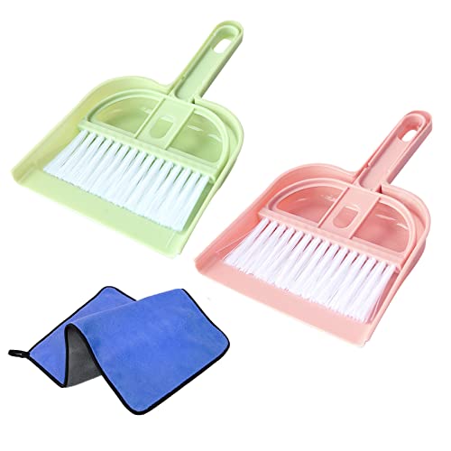 Mini Dustpan and Brush Set, 2 Pack Broom and Dustpan Set for Home with Microfiber Cleaning Cloth, Cleaning Set for Table,Countertop,Sofa,Key Board and Pet Litter (Green,Pink)