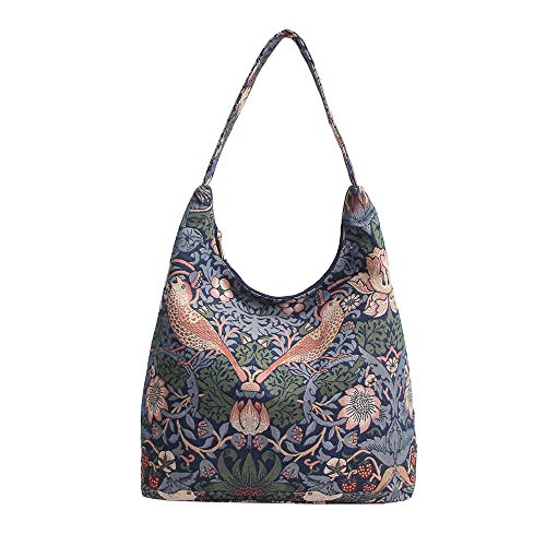 Signare Tapestry Hobo Shoulder bag slough purse for Women with Blue Floral William Morris Strawberry Thief Design (HOBO -STBL)