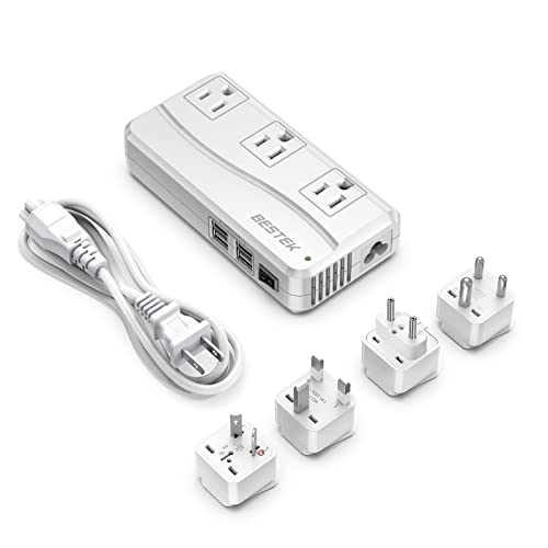 BESTEK Universal Travel Adapter, Worldwide Plug Adapter 110-220V to 110V Voltage Converter with 6A 4-Port USB Charging 3 AC Sockets and EU/UK/AU/US/in International Outlet Adapter(White)