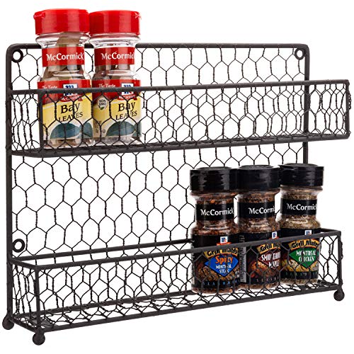 MyGift® Farmhouse Style Metal Wire Spice Rack – Wall Mount or Kitchen Countertop 2-Tier Seasoning Jar Storage Organizer, Brown