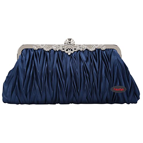 Fawziya Satin Pleated Clutch Crystal Evening Bags For Women Formal-Navy Blue