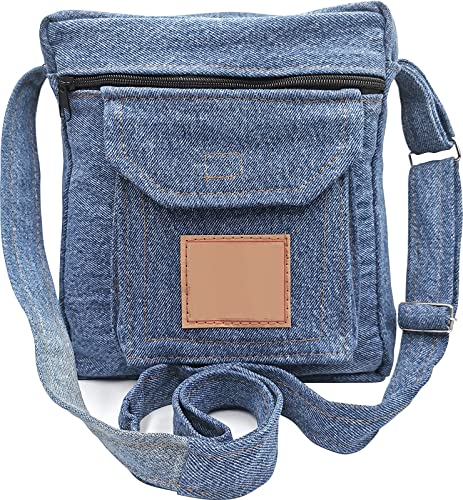 BDJ Upcycling Blue Denim Messenger Cross Body Shoulder Handbag Purse for Unisex