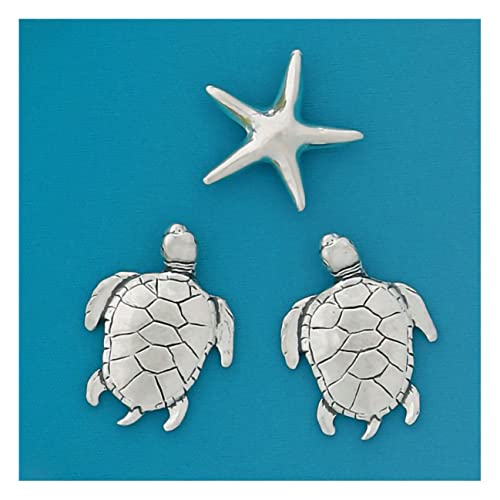 Basic Spirit Sea Turtles Medium Pewter Magnet Set with Starfish for Coastal Beach Ocean Lover, Kitchen Office Refrigerator Outdoor Picnic Home Decorative Gift