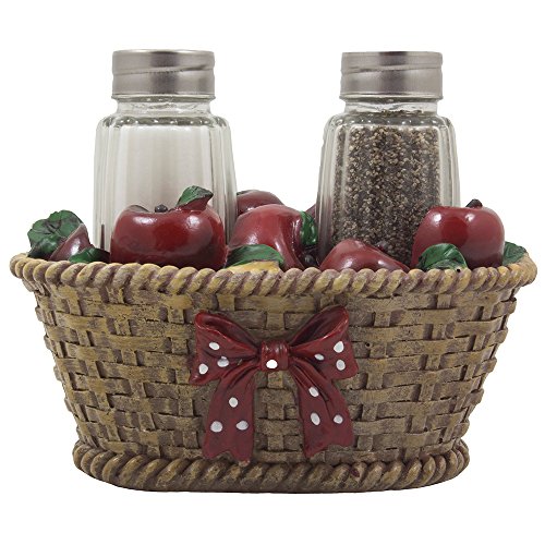 Apple Basket Glass Salt and Pepper Shaker Set with Holder in Country Kitchen Decor and Decorative Dining Room Table Gifts for Farmers
